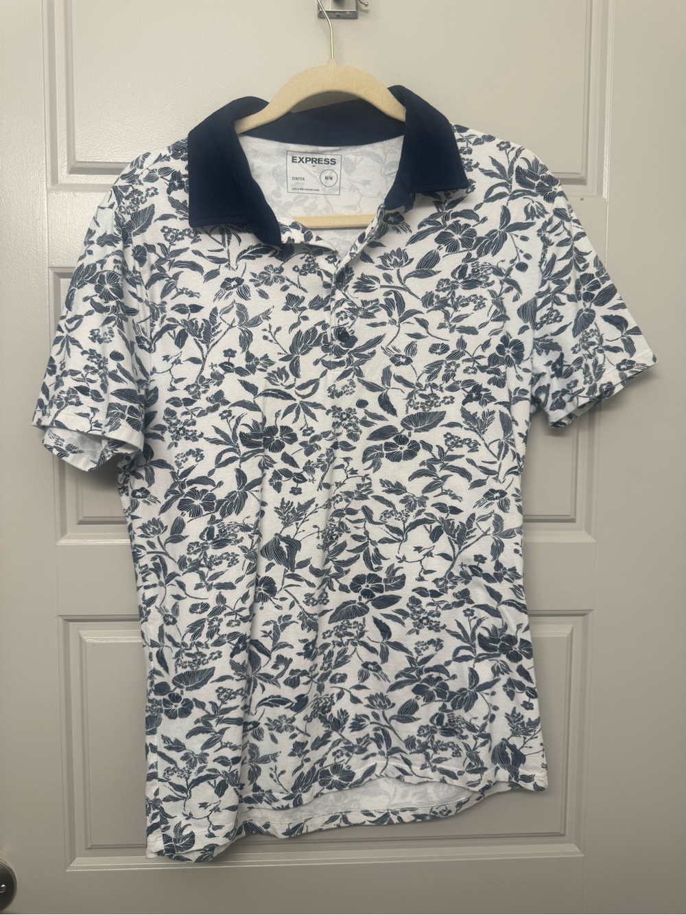 Express Men's White Polo with Navy Floral Print